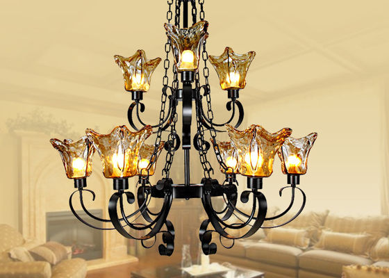 Grande luz de vidro ambarina decorativa comercial dos candelabros 9 do hotel com corrente ajustável