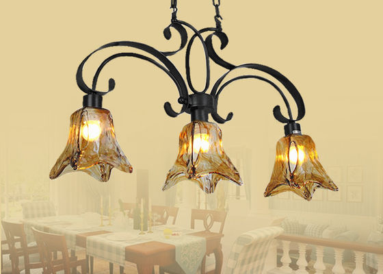 Amber Glass Shade Wrought Iron Chandelier Unique / Rustic / Retro Phong cách 3 Light, E27 cơ sở