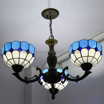 Chandelier biru Besi Tempa Lamp Tiffany Gaya Hanging Cahaya